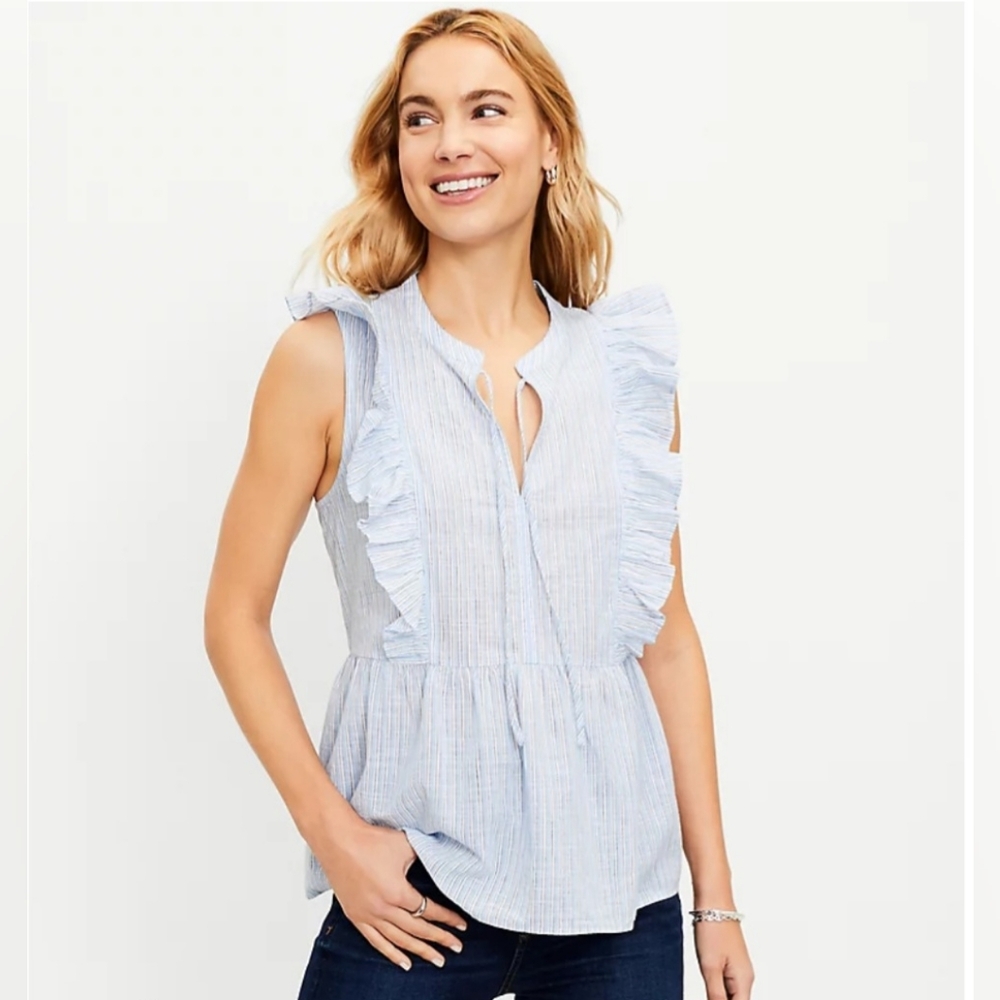 NWT!! Ann Taylor LOFT Summer Blue White Striped Ruffle Tie Neck Peplum Top